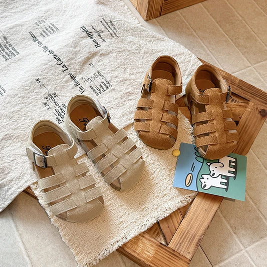 Kids'Casual Shoes Sandals PU Leather Fashion Solid Color Summer Shoes For Girls Buckle Anti-slip Brown White Shoes Size 21-30