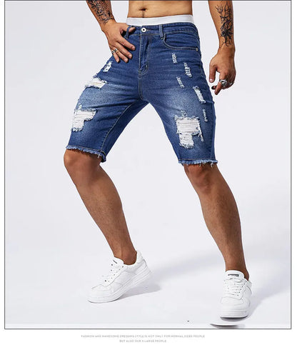 Vintage Denim Shorts Men's American Stretch Slim Jeans Fashion Ripped Streetwear Male Hole Frayed Short Pants Blue Black
