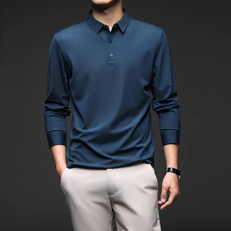 Mulberry Silk Men's Polo Shirts Luxury Long Sleeve Solid Color Golf Male T-shirts Spring Autumn Business Casual Man Tees