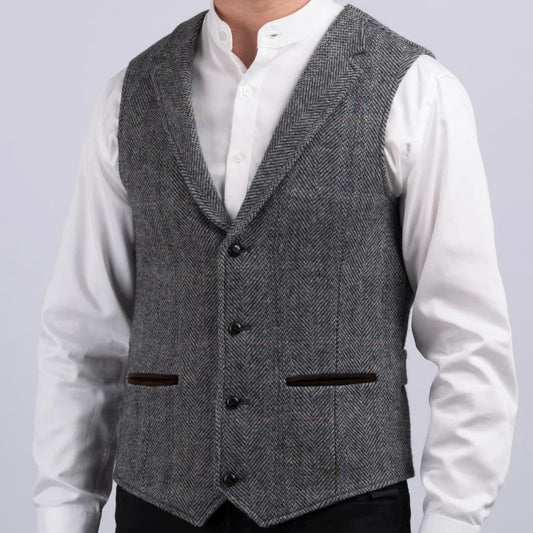 Men Vest Gray Herringbone With Lapel Pocket Single Button Waistcoat For Wedding Party Business Work Daily Casual Men Suit Vest