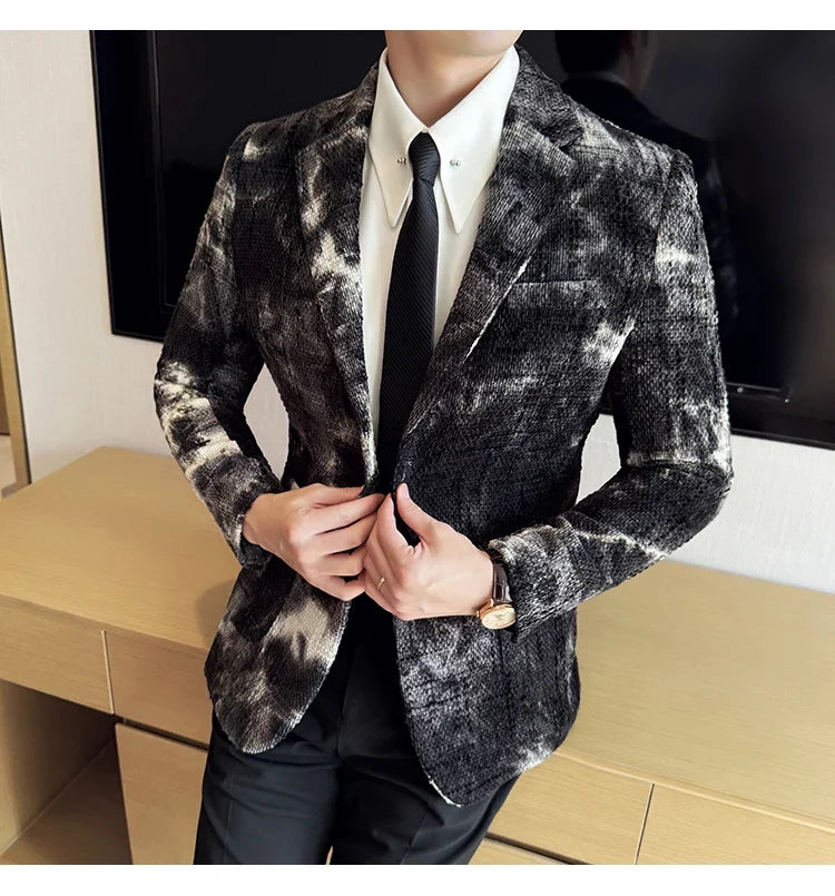 High QualityTie Dye Chenille Men Fashion Casual Suit Jacket Autumn Winter New Korean Slim Fit Social Wedding Suit Blazer