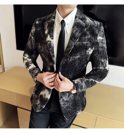 High QualityTie Dye Chenille Men Fashion Casual Suit Jacket Autumn Winter New Korean Slim Fit Social Wedding Suit Blazer