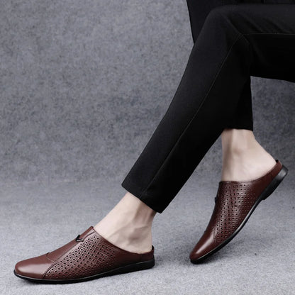 Summer Men Shoes Casual Brand Mens Penny Loafers Genuine Leather Luxury Half Slipper For Men Breathable Lazy Driving Shoes Man