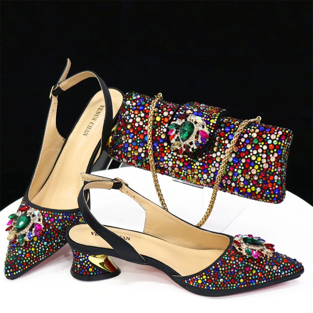 Royal Blue Sandals for Women 2024 Luxury Wedding Pumps Med Heels Rhinestone Design Party Shoes and Bags Set