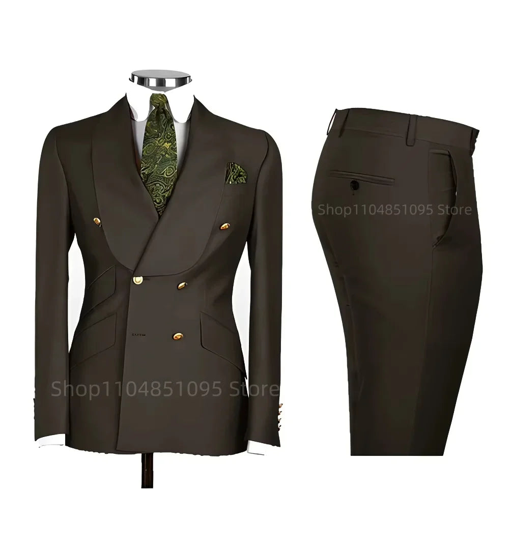 Smart Casual Solid 2 PCS Men Suits Formal Groom Tuxedos Shawl Lapel Double Breasted Jacket Pants Business/Wedding Suits Set