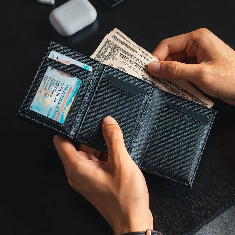 Carbon Fiber & Aluminum Men's Bifold Wallet, RFID Blocking Automatic Pop-Up Card Holder with Coin Compartments, Slim Money Purse