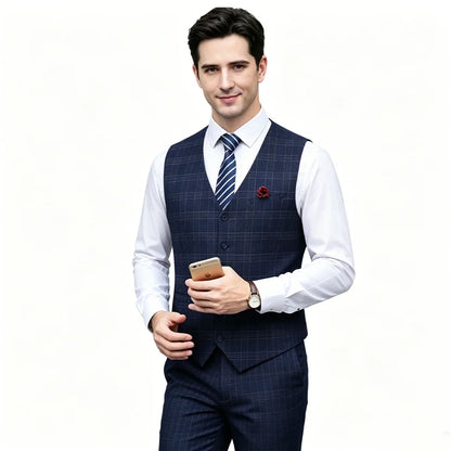 Plus Size Men Vest Checkered Single Breasted Waistcoat For Host Groom Groomsmen Check Formal Suit Vest for Office Wedding Party