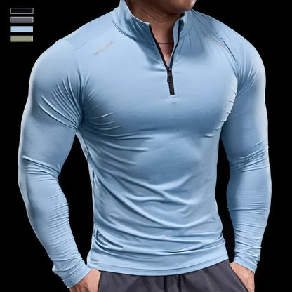 Men Long Sleeve Stand Collar Zipper T-shirt Gym Running Training Fitness Bodybuilding Sport Top Quality Elastic Tight Tops Tees