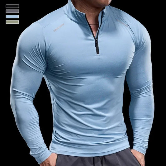 Men Long Sleeve Stand Collar Zipper T-shirt Gym Running Training Fitness Bodybuilding Sport Top Quality Elastic Tight Tops Tees