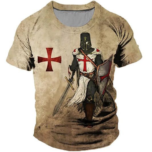 2025 New Vintage Men's T-shirts Knights Templar Print For Men Summer Oversized Tops Short Sleeve Tees Casual O-Neck Men Clothin
