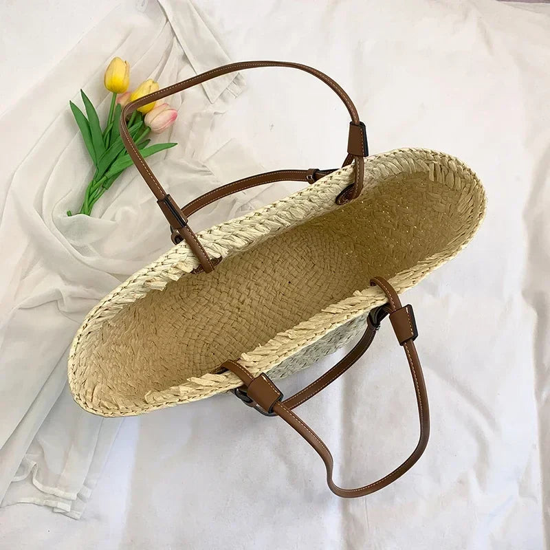 Summer Wicker Woven Basket Bags Rattan Women Handbags Handmade Summer Beach Straw Tote Bag Designer Shoulder Bag Khaki