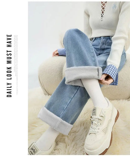 Winter Thick Warm Womens High Waist Jeans Fleece Lined Loose Fit Wide Leg Trousers Korean Style Stretchy Adjustable Waist  Jeans