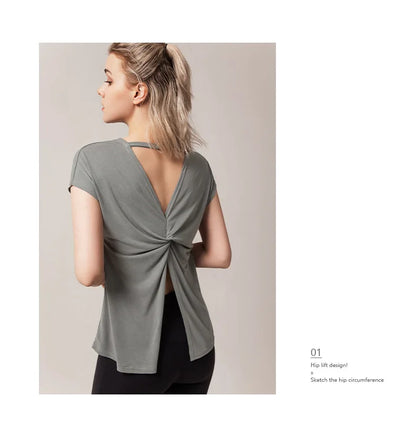 Women's Split Side Yoga Top Sexy Open Back Fitness T-shirt Loose Fit Workout Tee Running Sports Cover Gym Wear Woman Clothing