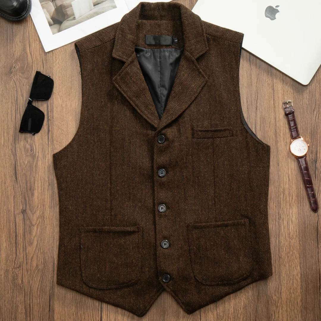 Men Vest Coffee Herringbone Single Button Lapel Waistcoat For Wedding Banquet Office Business Work Daily Casual Men Suit Vest