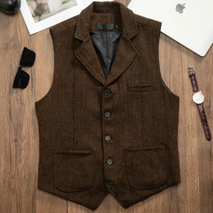Men Vest Coffee Herringbone Single Button Lapel Waistcoat For Wedding Banquet Office Business Work Daily Casual Men Suit Vest