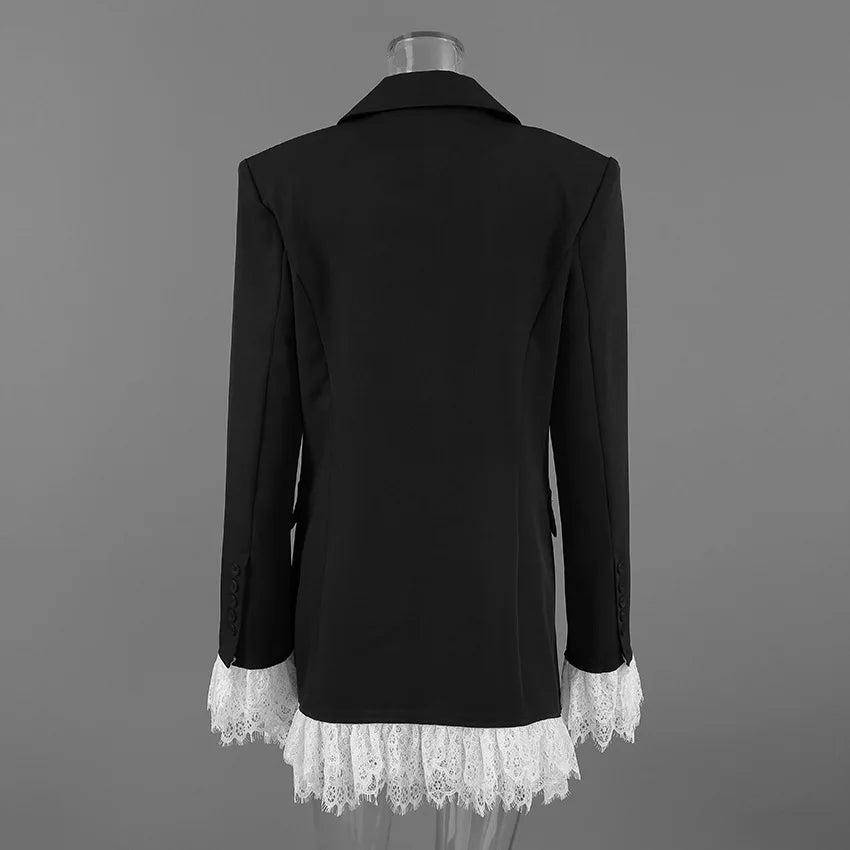 Elegant Lace Blazer Coat Women Fashion Office Lady Full Sleeve Single Breasted Jackets 2025 New Autumn Black Casual Slim Coats