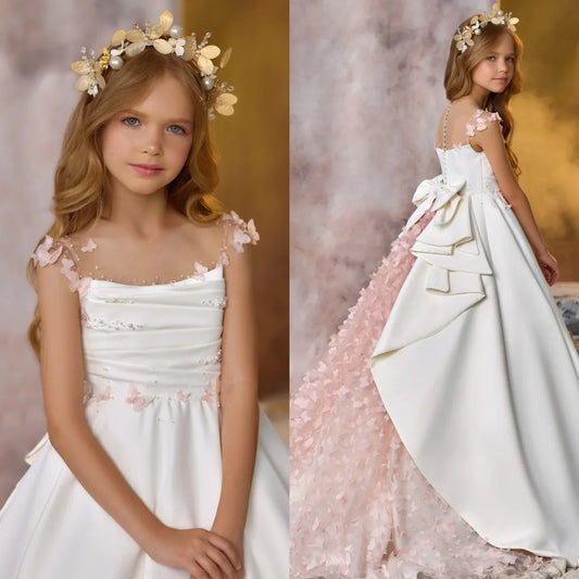 Elegant White Flower Girl Dresses For Wedding Customized Pink Floral Litter Girls Birthday Gowns Baby First Communion Dresses