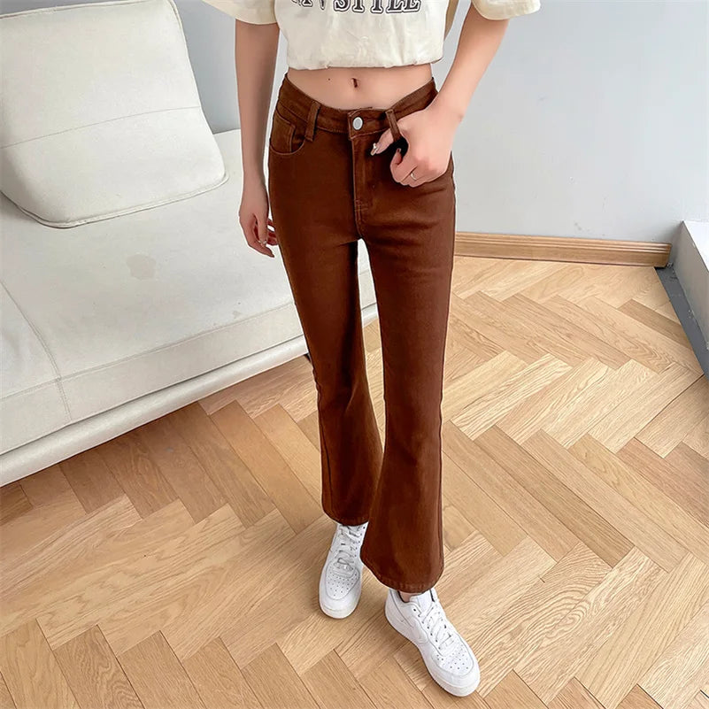 Women Fashion Flare Jeans Winter Streetwear Y2K Straight Pants Ankle Length Denim Jeans Girls Party Casual Retro Blue Trousers
