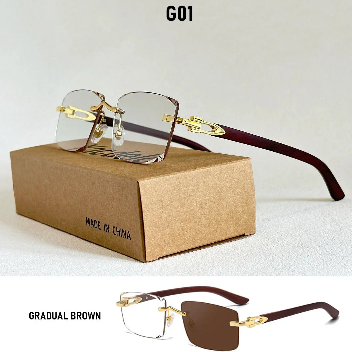 Photochromic Sunglasses Women Change Colour Rimless Sunglass Men Square Fashion Glasses UV400 Protection Wooden Shades Gafas