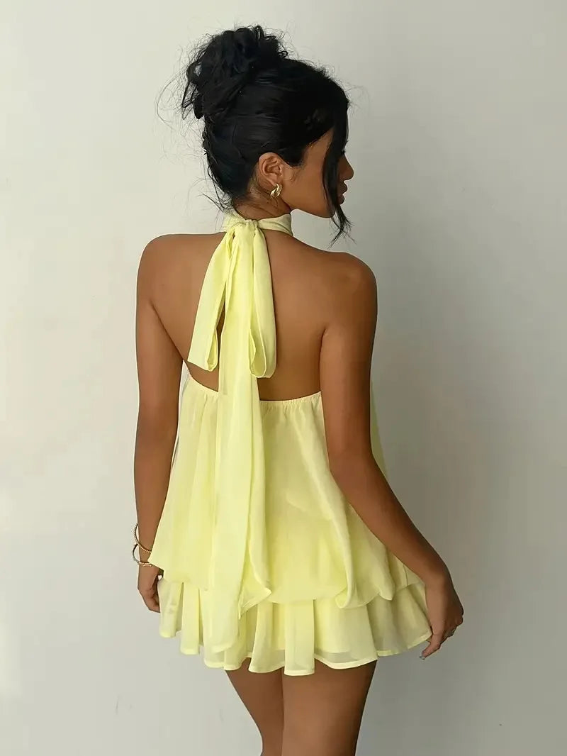 Women's Halter Neck Dress, Backless Tie-Front Chiffon Sheer Mini Skirt, Fashionable Sexy Y2K Vintage Cute Party Birthday Dress