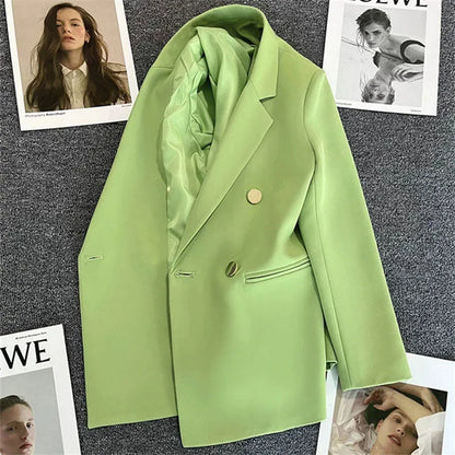 Casual Small Suit Jacket Women Fashion Loose Metal Double-Breasted Blazer Coat Korean Occupation Office Formal Lapel Blazers