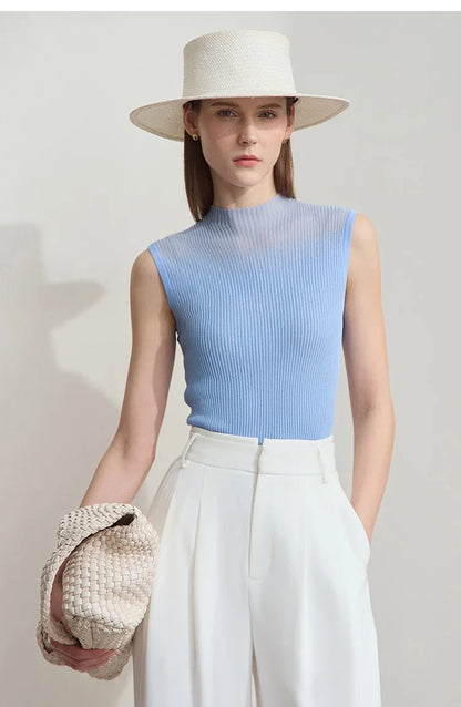 Women Top Minimalist Summer New Solid Color Mock Neck Sleeveless Slim Elastic Double Curved Yarn Knitted Camisole 12542249