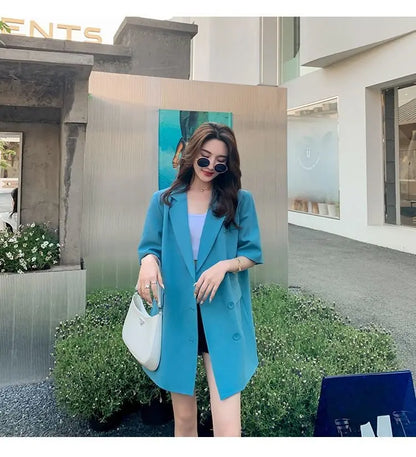 Korean Fashion Loose Thin Blazer Women Spring Autumn New Extra Large Mid Length Short Sleeved Women Coat Casual Outwear