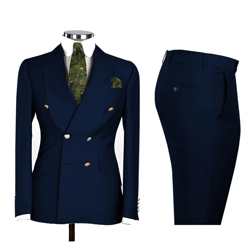 Lvory Shawl Lapel 2 Piece Suit Double Breasted Men's Jacket Pants with Gold Buttons Formal Wedding Groom Attire Prom Tuxedos