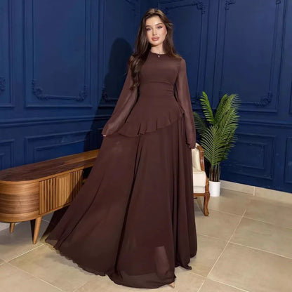 Women Chiffon Solid Ruffled Dress Flare Sleeve Round Neck 2025 New Elegant Maxi Gown Evening Party Fashion Holiday Lady