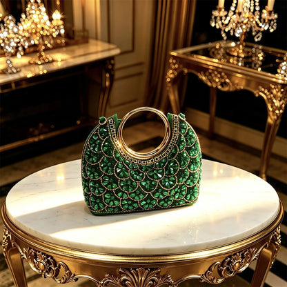 2026 New INS Italian Design Green Rhinestone Pointed Toe High Heels & Matching Handbag Set - Elegant Women's Wedding Party Shoes