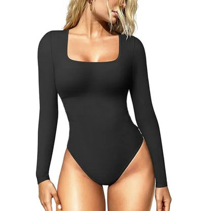Spandex Elastic Body Suit Shapewear Women Body Shaper Tummy Control Long Sleeve Open Crotch Big U Neck Seamless Shapers