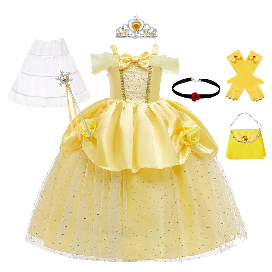 Girls Belle Cosplay Costumes Girls Dresses for Beauty Kids Party Clothing Magic Stick Crown Children Yellow Dress and The Beast