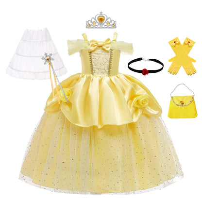 Girls Belle Cosplay Costumes Girls Dresses for Beauty Kids Party Clothing Magic Stick Crown Children Yellow Dress and The Beast