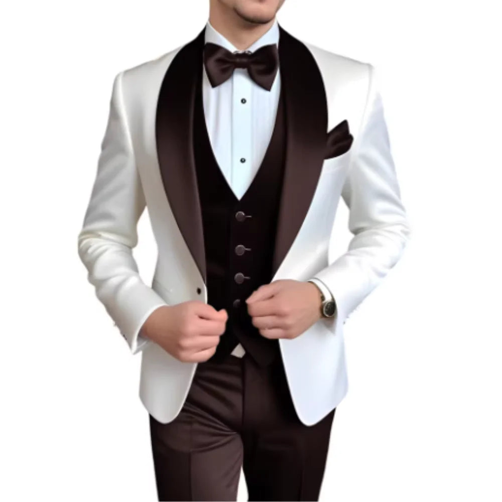Customized Men's 3 Piece Tuxedo With Scarf Lapel Smoking Suit Wedding Groomsmen Formal Party Blazer Terno Masculino