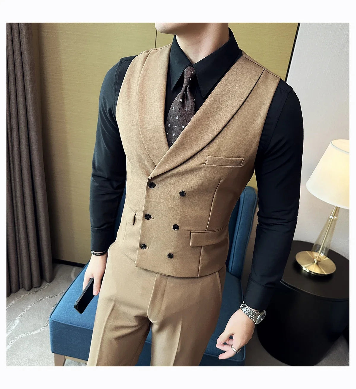 Men Luxury Double Breasted Design Solid Vest Formal Groom Wedding Dress Suit Vest Set Fashion Mens Club Singer Clothing 6XL-M