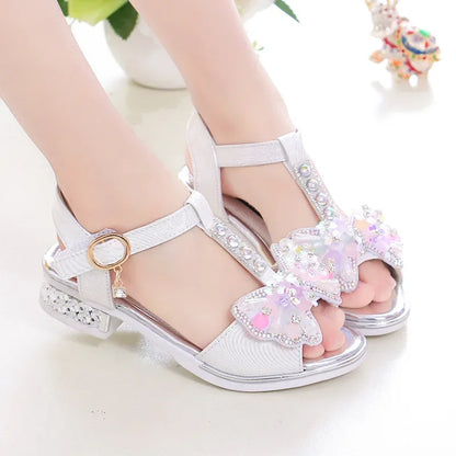 Girls Dance Shoes Non-slip Soft Sole Kids Princess Shoes T-strap Open Toes 2025 Summer New Children Sandals Sweet Bows Non-slip