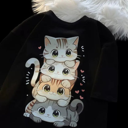 Summer Japanese Cute Cartoon Stacked Cat Printed Short-sleeved T-shirt for Ladies and Boys Same Loose Casual Large-size Top