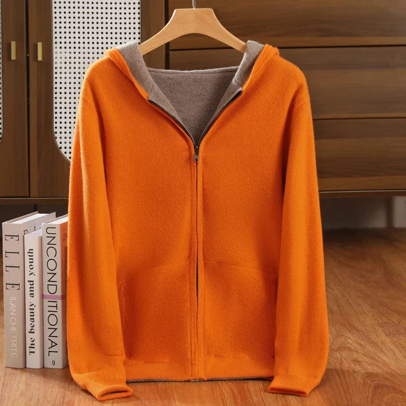 Double-Sided Hooded Zippered Men's Cashmere Cardigan Autumn and Winter Contrasting Color Thickened Loose Casual Knitted Sweater