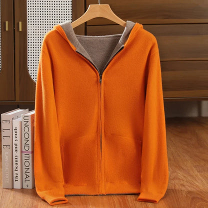 Double-Sided Hooded Zippered Men's Cashmere Cardigan Autumn and Winter Contrasting Color Thickened Loose Casual Knitted Sweater