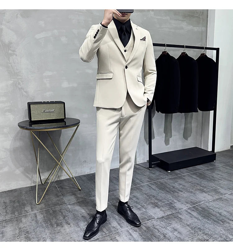 S-7XL Jacket Vest Pants Luxury Elasticity Boutique Fashion Men's Solid Color Casual Business Suit 3-piece Sets Groom Wedding