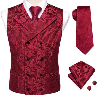 Dark Red Men's Vests Silk Paisley Jacquard Waistcoat Jacket NeckTie Hanky Cufflinks for Men Business Party Designer Gifts