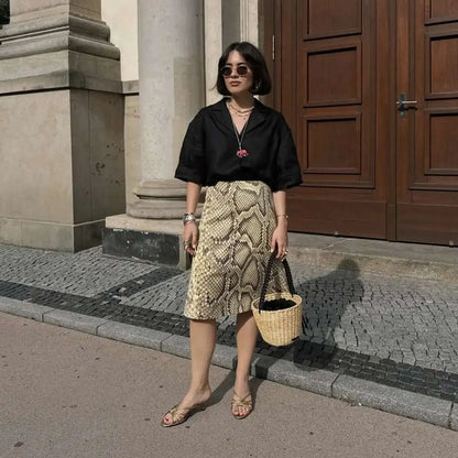 Snakeskin Printed Fashion Skirt Women's High Waist Slim Contrast Patchwork Commute Streetwear Female Vintage Y2k Skirt DDX8