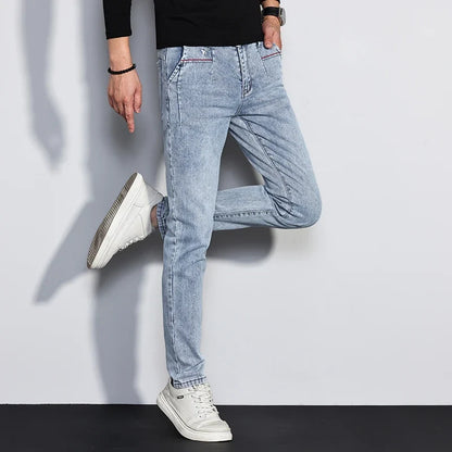 New Men's Jeans Slim Fit Stretch Straight Vintage Trendy Denim Pants Korean Washed Soft Versatile Fashion Trousers Streetwear