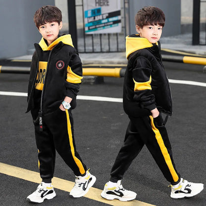 Winter Boys Warm Fleece Lined Zip Waistcoat+Sweatshirt+Sweatpant Sets School Kids 3PCS Tracksuit Children Workout Outfit 5-14Yrs