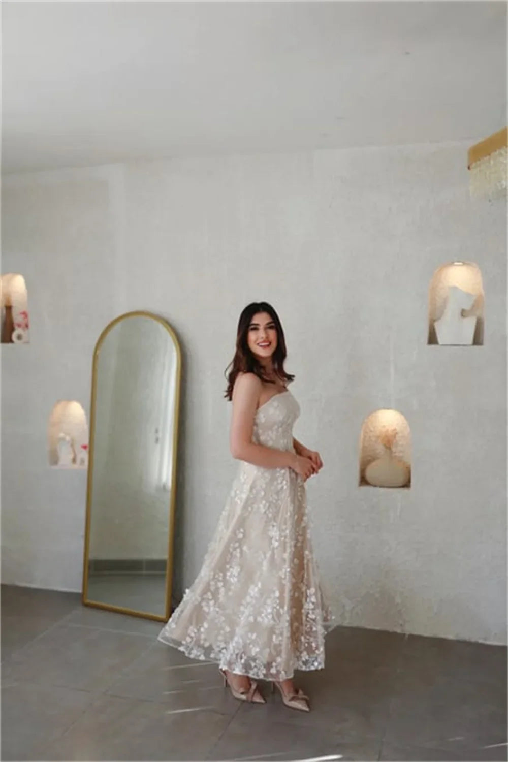Champagn Tulle Evening dresses Off the Shoulder A-line Vestidos De Fiesta Elegant Long Sleeves Ankle-length  فساتين سهرة