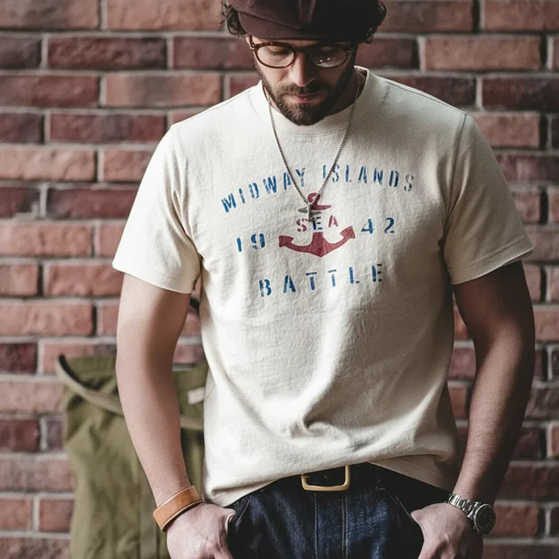Vintage Letter Print Cotton Short Sleeve T-Shirt Men's Summer Loose Fit Ribbed Crew Neck Tee Casual Street Tops for Daily