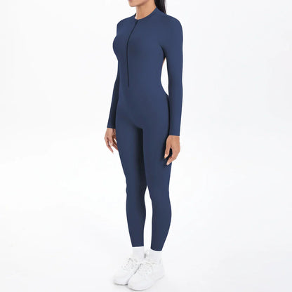 Solid Color Bodysuits for Woman's Backless Long Sleeved Zipper Yoga Jumpsuits High Dtrength Workout Sports Fitness Clothing Set