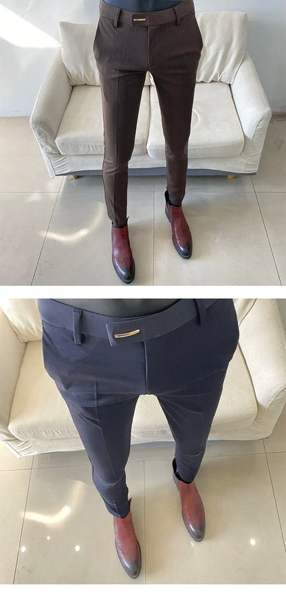 Spring Trousers for Men Slim Fit Straight Leg High-end Feel Business Casual Pants Striped Elegant Formal Dress Long Pants