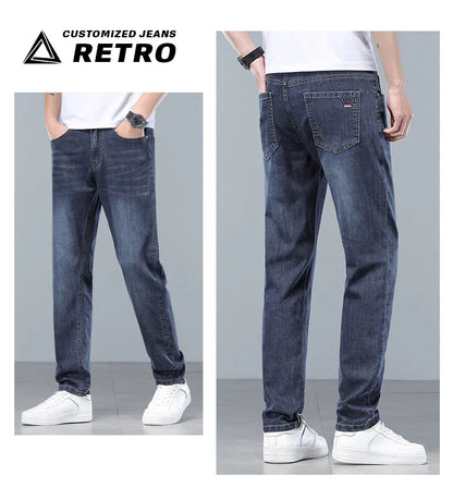 Brand Clothing Spring Summer Slim Men's Jeans Casual Breathable Cotton Fabric Stretch Denim Pants Blue Trousers Male Plus Size