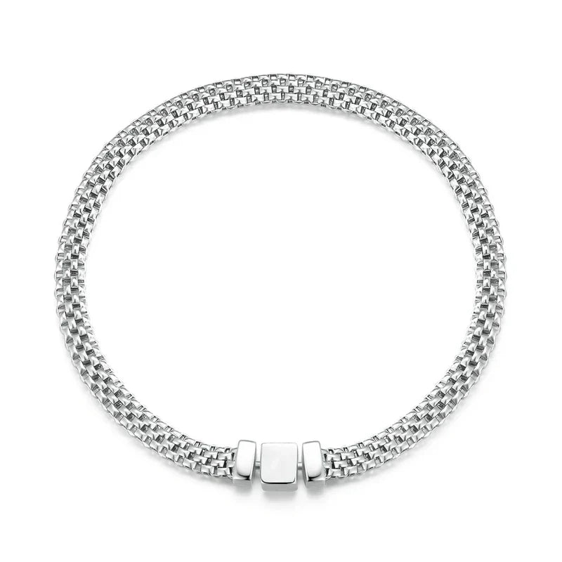 925 Sterling Silver Classic Square Buckle Bracelet Retro Braided Silver Chain Link for Women Platinum Plated Fine Jewelry